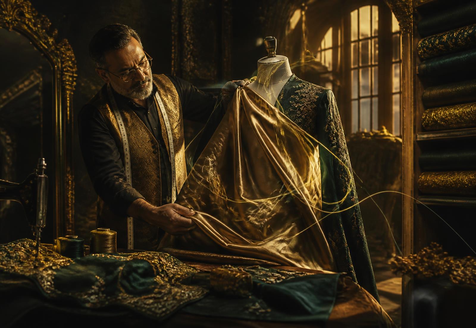 Master tailor draping golden silk on a mannequin in a lamplit atelier